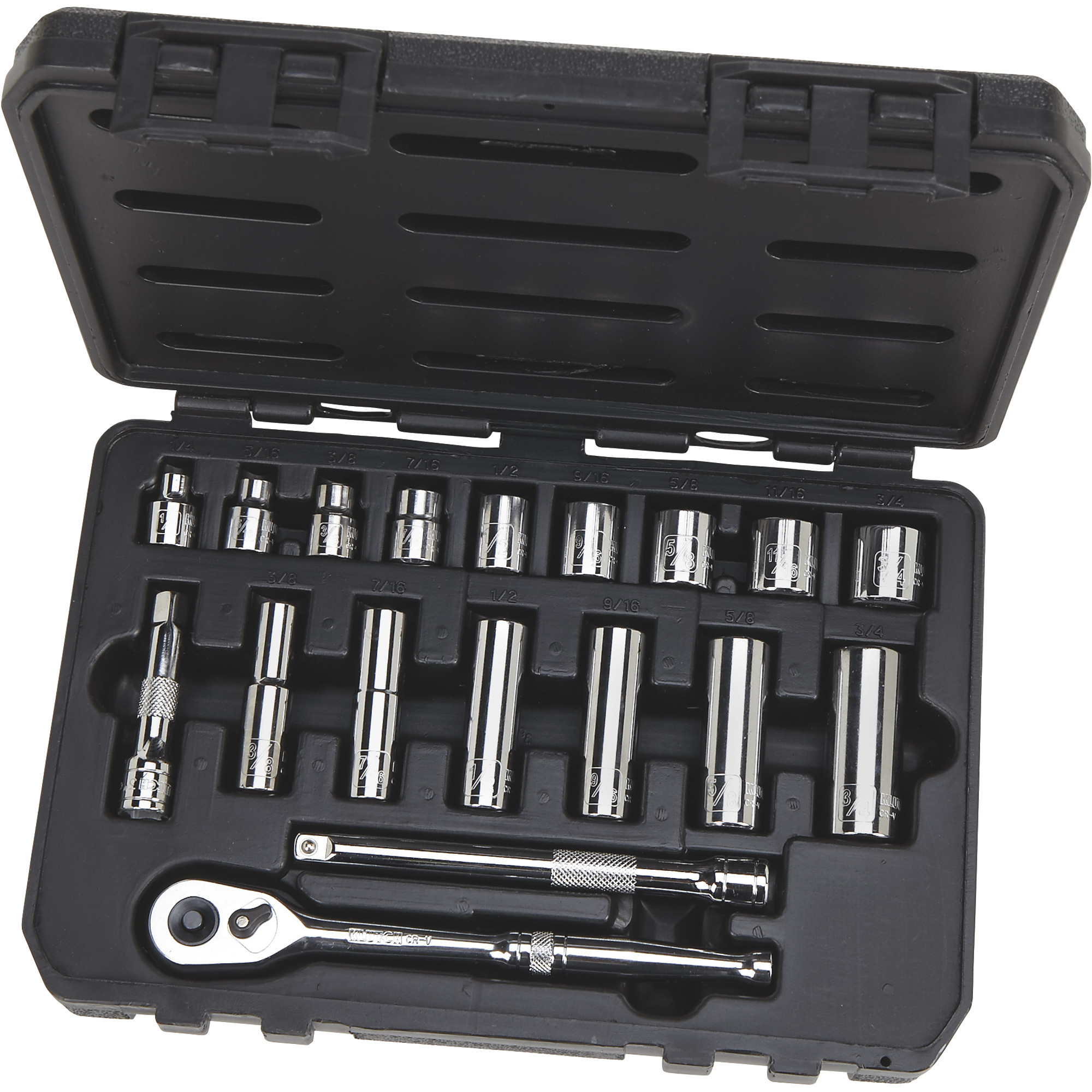Klutch 6-Pt. Socket Set, 18-Pc., SAE, 3/8in. Drive, Chrome Vanadium Steel